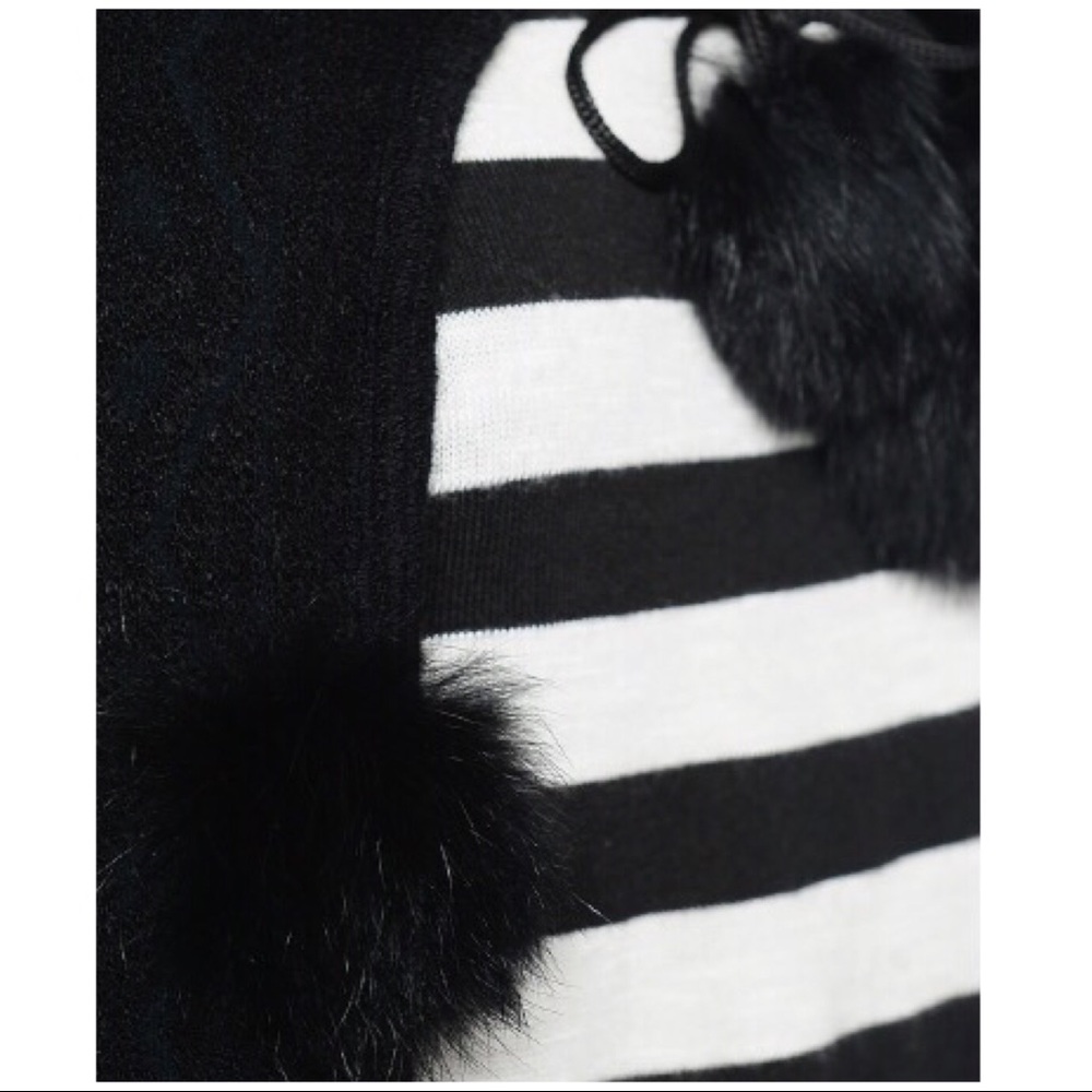 Black Faux Fur Pom Pom Tie Front Winter Shawl Wrap - Picture 6 of 7